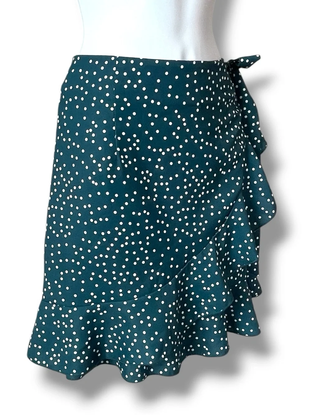 Teal Polka Dot Wrap Mini Skirt Ruffle Hem Coquette Y2K Feminine Cottagecore